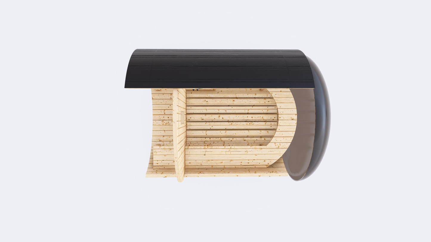 Barrel Sauna 7X8 With Porch Panoramic Acrylic Back Window