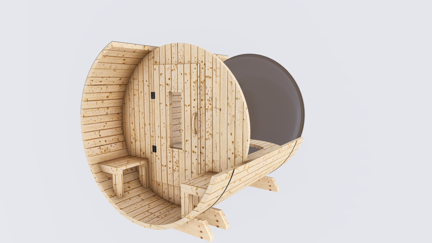 Barrel Sauna 7X8 With Porch Panoramic Acrylic Back Window