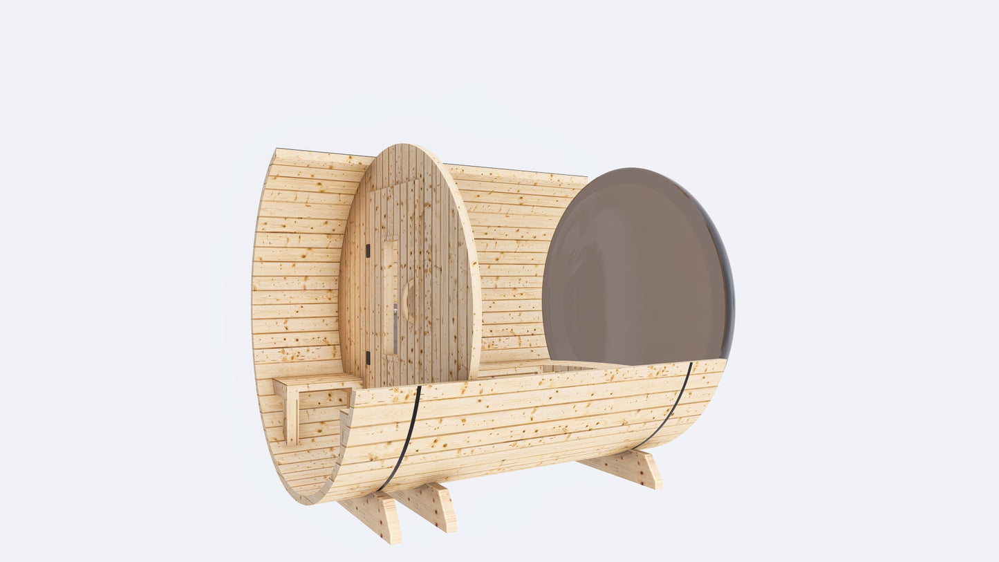 Barrel Sauna 7X8 With Porch Panoramic Acrylic Back Window