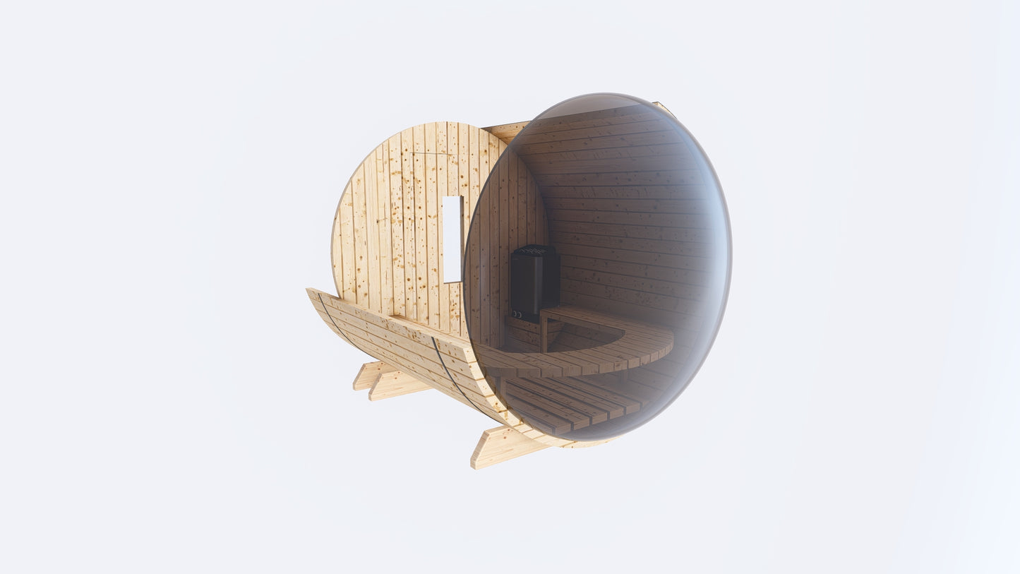 Barrel Sauna 7X8 With Porch Panoramic Acrylic Back Window