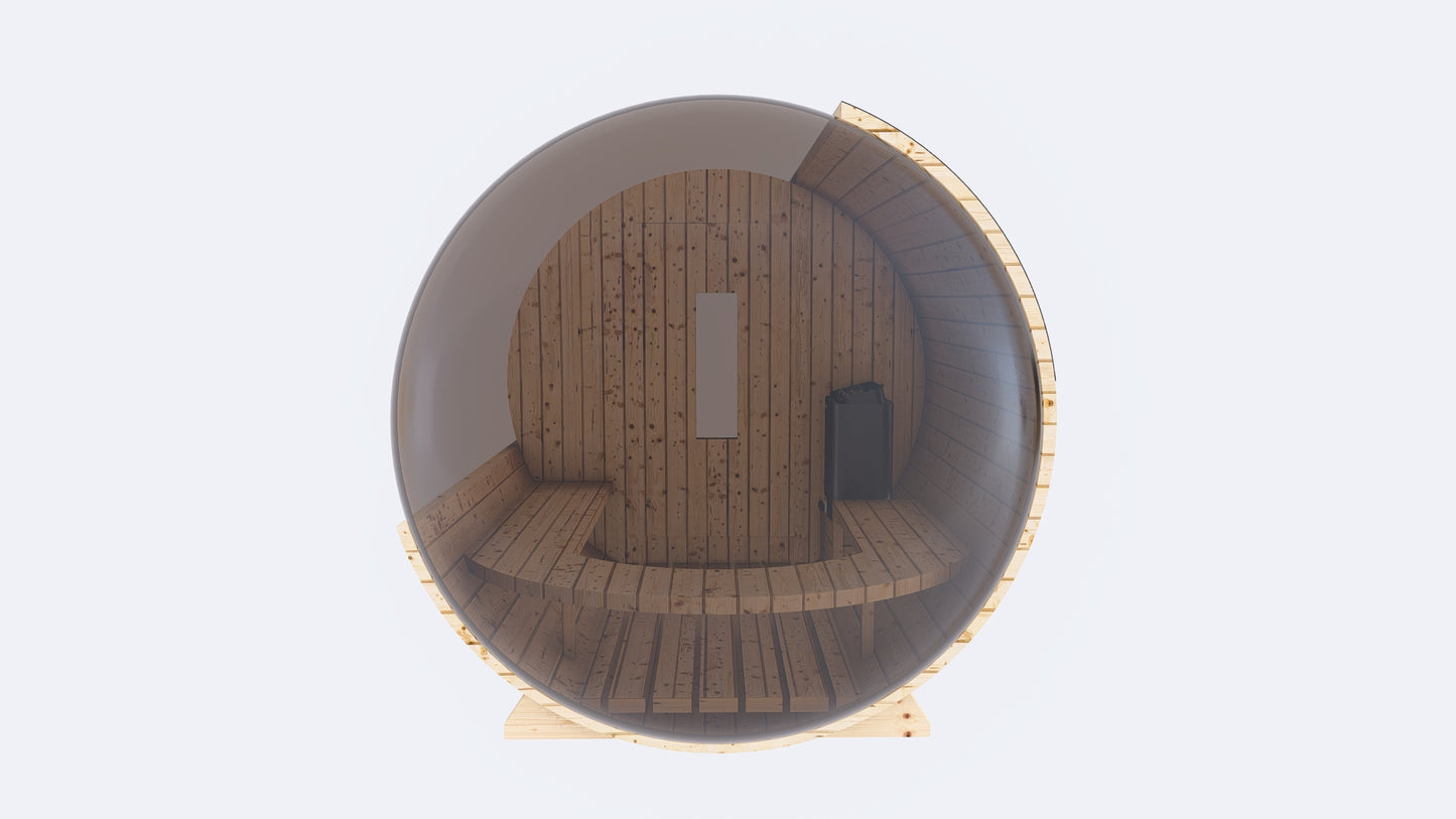 Barrel Sauna 7X8 With Porch Panoramic Acrylic Back Window