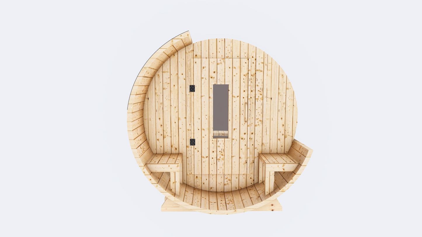Barrel Sauna 7X8 With Porch Panoramic Acrylic Back Window