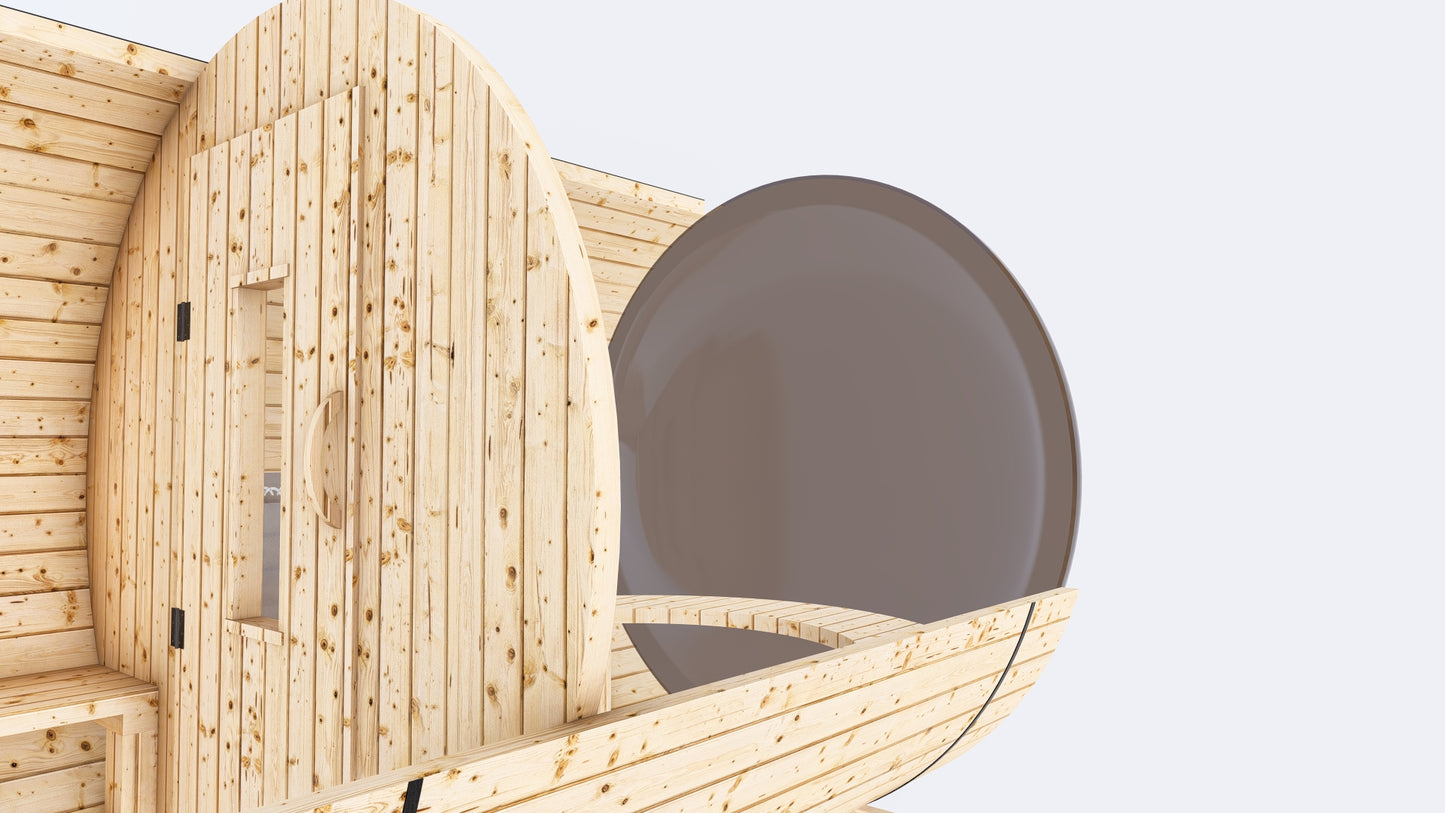 Barrel Sauna 7X8 With Porch Panoramic Acrylic Back Window