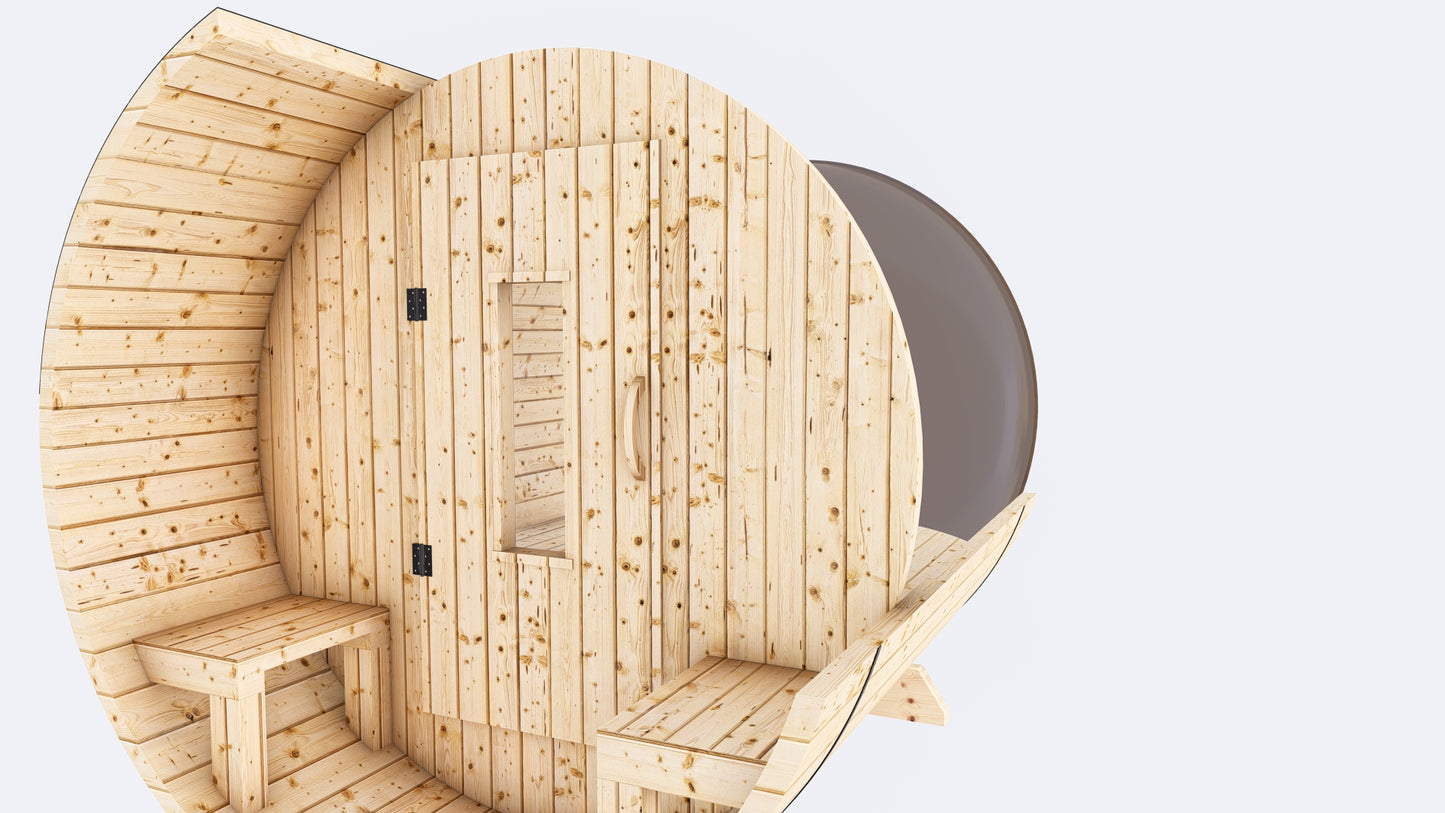 Barrel Sauna 7X8 With Porch Panoramic Acrylic Back Window