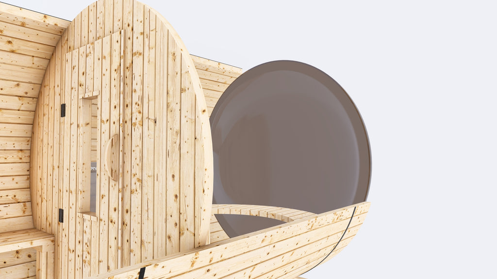 Barrel Sauna 7X8 With Porch Panoramic Acrylic Back Window