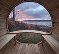 Barrel Sauna 7X8 With Porch Panoramic Acrylic Back Window