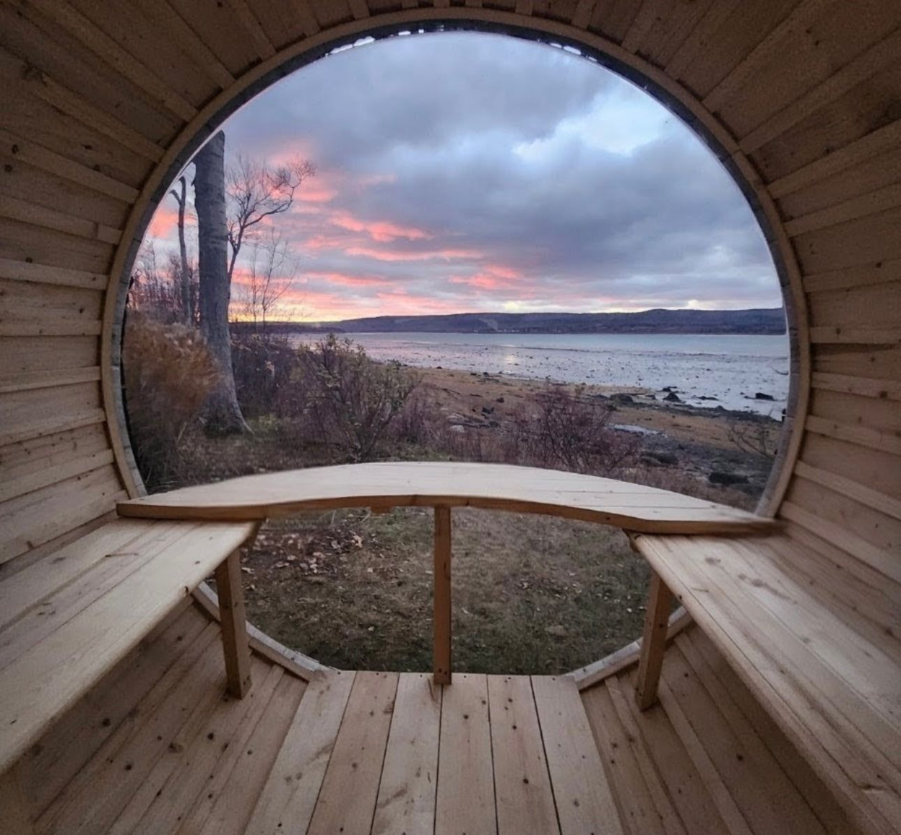 Barrel Sauna 7X8 With Porch Panoramic Acrylic Back Window