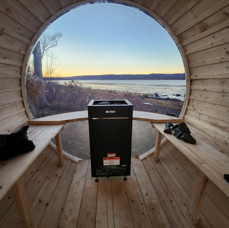 Barrel Sauna 7X8 With Porch Panoramic Acrylic Back Window